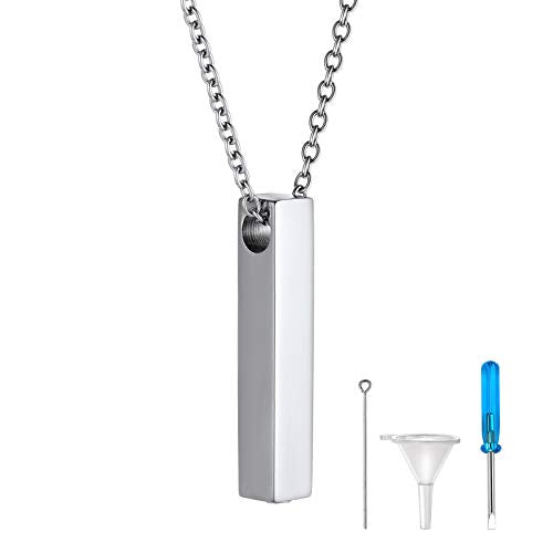 FindChic Personalized Urn Necklaces for Ashes Vertical Bar/Moon Cat/Sand Clock/Dog Claw Pendant Stainless Steel/18K Gold Plated/Black Waterproof Keepsake Cremation Jewelry with Funnel, with Gift Box - color: 1. vertical bar (stainless steel)