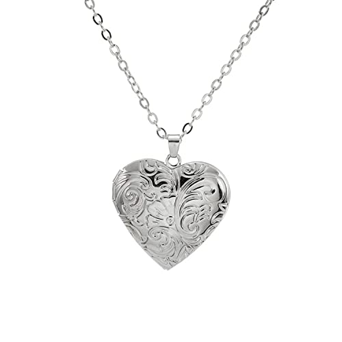 Vintage Engraved Flower Locket Picture Pendant Necklace Antique Carved Pattern Oval Heart Pendant Necklace For Women Hold Picture Souvenir Memorial Jewelry - color: Silver Heart 2