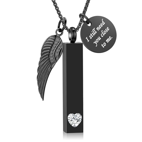 Oinsi Urn Necklaces for Ashes Crystal Cremation Urn Jewelry Birthstone Cube Urns for Human Ashes Memorial Ashes Necklace Pendant Keepsake CZ Bar Urn Locket for Men Women - color: A-Black(White)