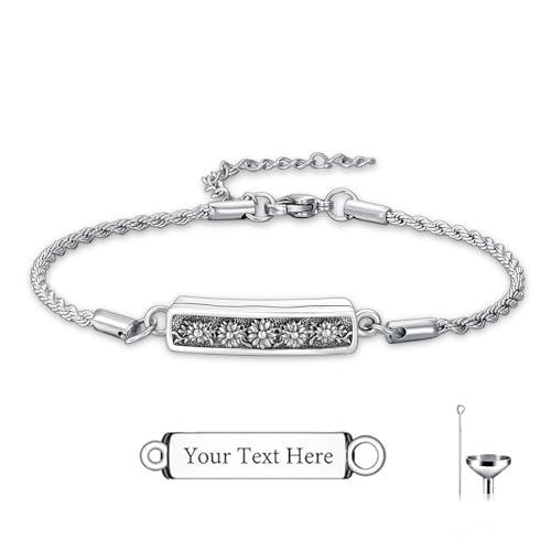 Urn Bracelet for Ashes for Women 925 Sterling Silver Bar Cremation Bracelet Cremation Memorial Keepsake Jewelry Gifts for A Loss of Loved Ones - style: Sunflower-Text