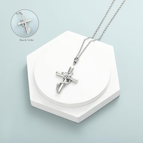 shajwo Butterfly Cross Urn Necklaces for Ashes for Women Men - color: Silver-White