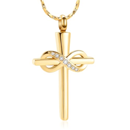 Imrsanl Infinity Love Cross Cremation Jewelry Ashes Religious Cross Urn Pendant Necklace for Women Men Pet Ashes Memorial Keepsake Jewelry - color: Gold