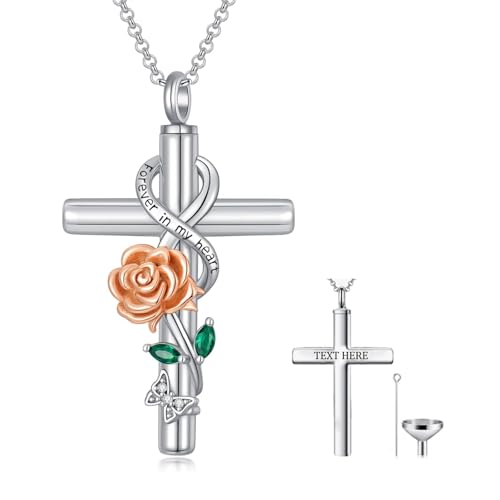 Cross Urn Necklaces for Ashes Sterling Silve 12 Month Birth Flower Cremation Jewelry for Ashes Urn Pendant Keepsake Memorial Pendant Necklace for Ashes for Human Women Pet - color: 06-June-Rose, style: Personalized