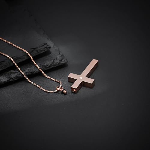 Crystal Cross Necklace for Ashes Stainless Steel Keepsake Cremation Jewelry Religious Cross Memorial Urn Necklace for Pet Human Ashes Gifts - color: Rosegold