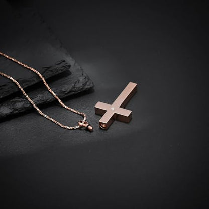 Crystal Cross Necklace for Ashes Stainless Steel Keepsake Cremation Jewelry Religious Cross Memorial Urn Necklace for Pet Human Ashes Gifts - color: Rosegold