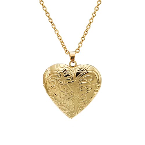 Vintage Engraved Flower Locket Picture Pendant Necklace Antique Carved Pattern Oval Heart Pendant Necklace For Women Hold Picture Souvenir Memorial Jewelry - color: Gold Heart 2