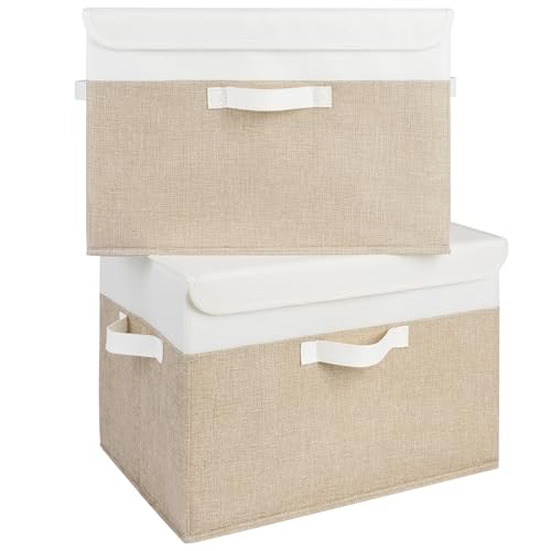 GRANNY SAYS Memory Keepsake Storage Box, Fabric Storage Bins with Lids | Flip-Top Lid, Collapsible, Stackable, 3 Handles, Ideal for Closet Clothes Blanket Toys, Extra Large, Brown/White, 2-Pack - color: White/Khaki, size: Extra Large-2 Pack