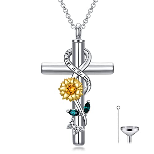 Cross Urn Necklace for Ashes 925 Sterling Silver Cremation Jewelry with Funnel Filler Kit Ashes Necklace for Human Women Girl Pets - color: B_Sunflower Urn Necklace, style: Non-personalized