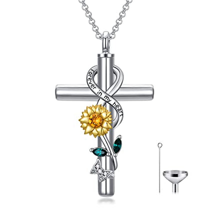 Cross Urn Necklace for Ashes 925 Sterling Silver Cremation Jewelry with Funnel Filler Kit Ashes Necklace for Human Women Girl Pets - color: B_Sunflower Urn Necklace, style: Non-personalized