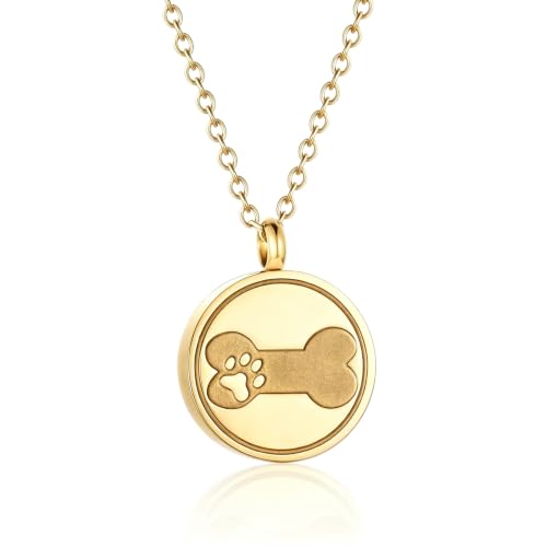 SIYUU Pet Ashes Necklace 20mm Round Shape Dog Cat Keepsake Jewelry Stainless Steel Memorial Urn Jewelry Etching Paw Print & Dog Bone Cremation Pendant Necklace - color: Gold