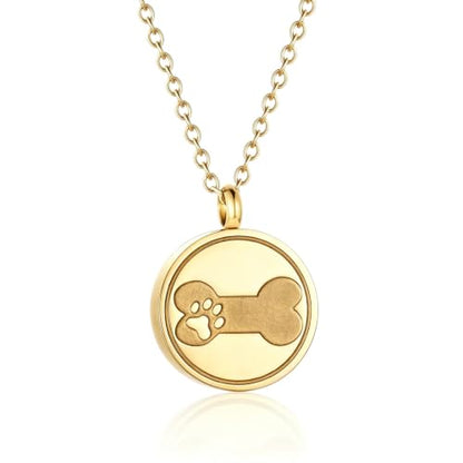 SIYUU Pet Ashes Necklace 20mm Round Shape Dog Cat Keepsake Jewelry Stainless Steel Memorial Urn Jewelry Etching Paw Print & Dog Bone Cremation Pendant Necklace - color: Gold