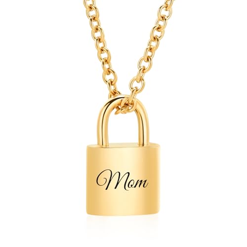 Imrsanl Padlock Cremation Jewelry for Ashes Urn Necklace for Women Men Stainless Steel Keepsake Memorial Punk Lock Pendant Ashes Holder - color: Gold-Mom