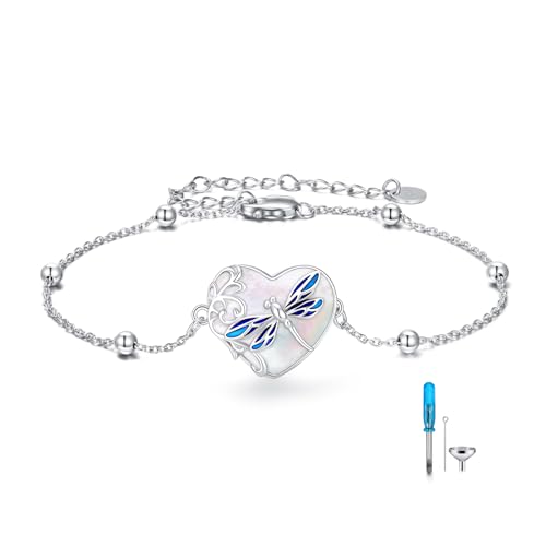 AOBOCO Heart Urn Bracelet for Ashes 925 Sterling Silver Cremation Holds Loved One's Ashes for Women Memorial Keepsake Beangle Embellished with Crystals from Austria - style: Dragonfly urn bracelet