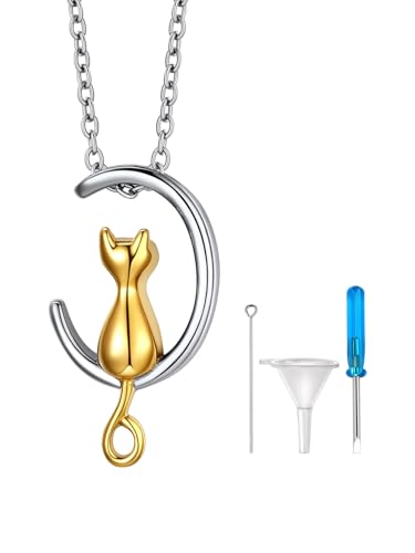 Richsteel Urn Necklaces for Ashes for Women Men Cremation Pendant | Necklace for Ashes Stainless Steel Memorial Jewelry - color: 01-Gold cat