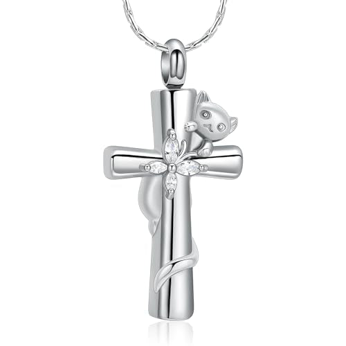 Cross Urn Necklaces for Men Women Cat Butterfly Cremation Jewelry for Ashes Stainless Steel Pet Memorial Ashes Pendant Keepsakes Jewelry - color: Silver