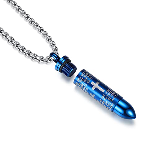 Mens Urn Necklace For Ashes Bullet Shape Cross Cremation Urn Jewelry - color: Blue Tone