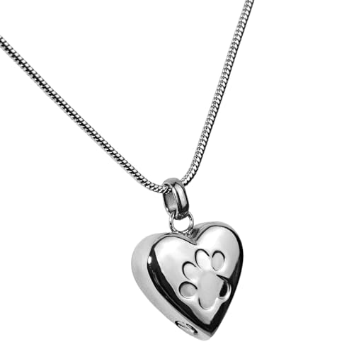Paw Print Heart Pet Ashes Urn Necklace, Keepsake Pendant-Silver - style: Silver