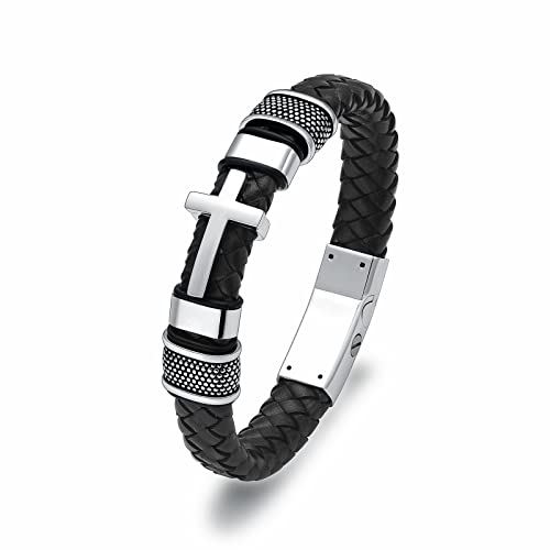 constantlife Cross Cremation Bracelet for Ashes Stainless Steel Urn Memorial Jewelry Braided Leather Wristband Bangle Faith Religious Christian Keepsake for Men Women - color: Silver, size: 18cm