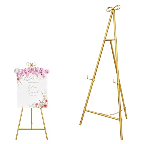 Gold Easel Stand for Sign, 55'' Adjustable Easel Stand for Display, Metal Easel Display Stand Heavy Duty(Round Tube) - color: Gold