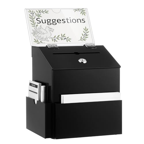 Juexica Suggestion Box, 7.9 x 6.7 x 8.7 Inches Acrylic Black Donation Box with 2 Slots and Lock, Raffle Jar with Sign Plate, Ballot Prayer for Fundraising Tip Drop, Voting, Charity - color: Black