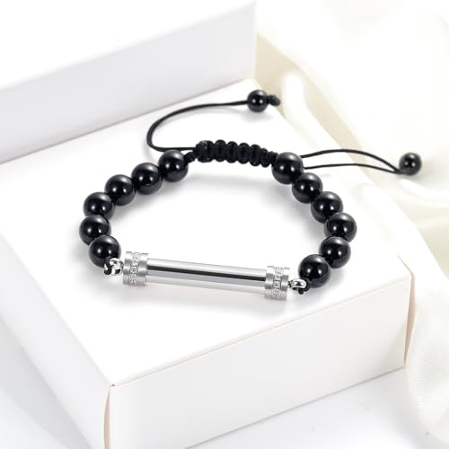 Cylinder Cremation Bracelet for Ashes Urn Jewelry Stainless Steel Memorial Keepsake Urn Bracelet Bangle Ashes Holder - color: Adjustable Bead Bracelet-Silver
