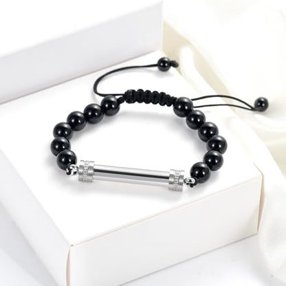 Cylinder Cremation Bracelet for Ashes Urn Jewelry Stainless Steel Memorial Keepsake Urn Bracelet Bangle Ashes Holder - color: Adjustable Bead Bracelet-Silver