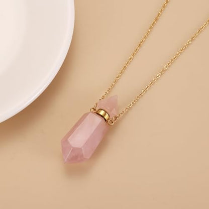 Gold Stainless Steel Urn Necklace For Ashes Of Loved Ones Natural Crystal Gemstones Cremation Keepsake Jewelry Hexagonal Prism Memorial Pendant For Women Mom - color: Pink
