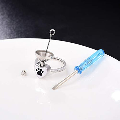 925 Sterling Silver Love Heart Urn Ring for pet Dog Cat's Ashes Keepsake Memorial Tiny Jewelry Forever in My Heart Paw Print Cremation Finger Rings - color: black