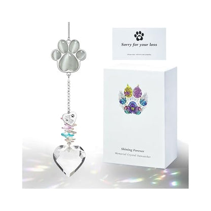 Dog Memorial Gifts, Pet Memorial Suncatcher, Loss of Dog Sympathy Gift | Thoughtful Dogs and Cats Bereavement Remembrance Gifts, Natural Cat's Eye Stone Paw Crystal Suncatcher - color: Silver Gray