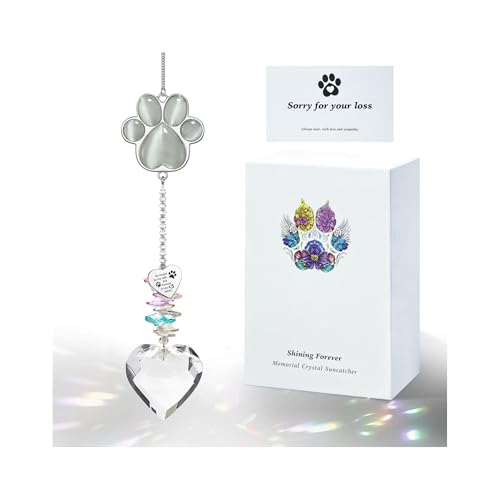 Dog Memorial Gifts, Pet Memorial Suncatcher, Loss of Dog Sympathy Gift | Thoughtful Dogs and Cats Bereavement Remembrance Gifts, Natural Cat's Eye Stone Paw Crystal Suncatcher - color: Silver Gray