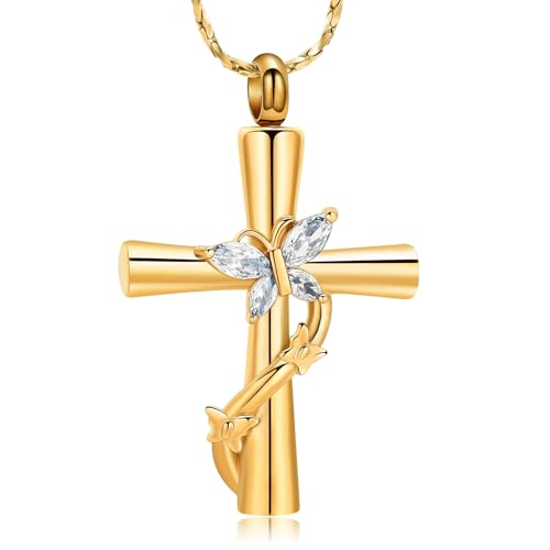 Imrsanl Cross with Butterfly Urn Necklaces for Ashes for Women - color: Gold White