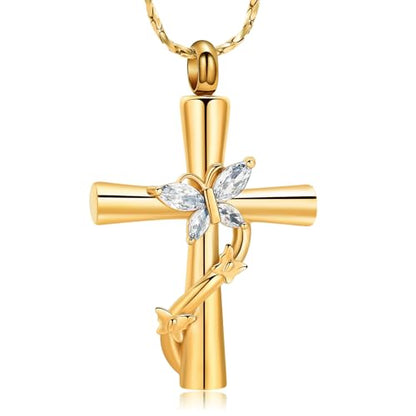 Imrsanl Cross with Butterfly Urn Necklaces for Ashes for Women - color: Gold White