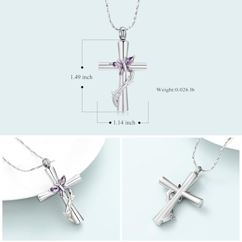 Imrsanl Cross with Butterfly Urn Necklaces for Ashes for Women - color: Silver Purple