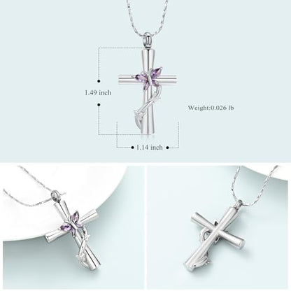 Imrsanl Cross with Butterfly Urn Necklaces for Ashes for Women - color: Silver Purple