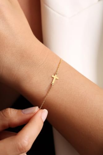 Moodear Cross Bracelet for Women, Dainty Sterling Silver/Gold Plated Gift | Christian Religious Gifts for Teen, Stocking Stuffers, Adjustable Link Bracelets, Sparkling CZ Cross, Non Tarnish Jewelry - color: Gold Cross Bracelet