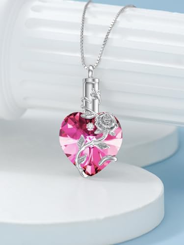 OCJ Heart Rose Flower Urn Necklace for Ashes Women Birthstone Cremation Necklaces Sterling Silver Memorial Cremation Jewelry Gifts - color: 10-Oct-Pink Tourmaline