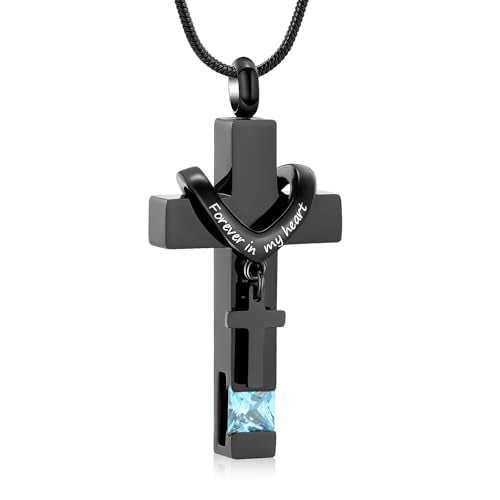 Cross Cremation Jewelry Urn Necklace for Human Ashes for Women Men Memorial Ashes Keepsake Birthstone Pendant - color: Black-Light Blue