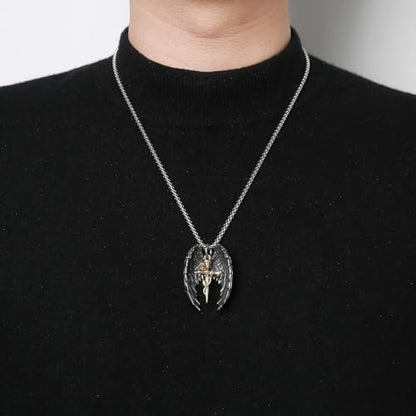 HZMAN Angel Wing Necklace for Men Women Stainless Steel Gothic Punk Angel Wing Cross/Angel Pendant Faith Amulet Jewelry Gift - color: Rose Cross