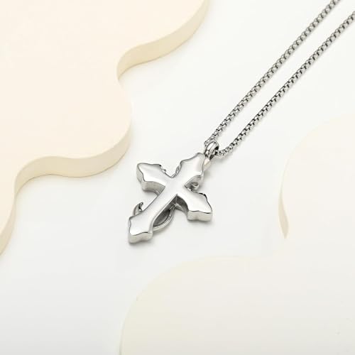 zeqingjw Cross Urn Necklace Fish Hook Cremation Jewelry for Ashes Pendant Stainless Steel Deer Antler Cross Memorial Human Pet Keepsake Ashes Holder for Men Women - color: Z-Silver
