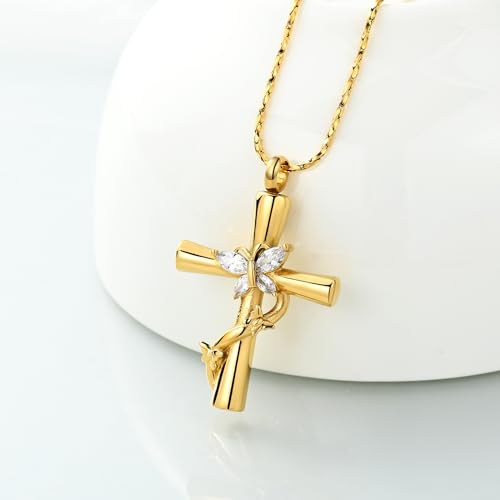 Imrsanl Cross with Butterfly Urn Necklaces for Ashes for Women - color: Gold White