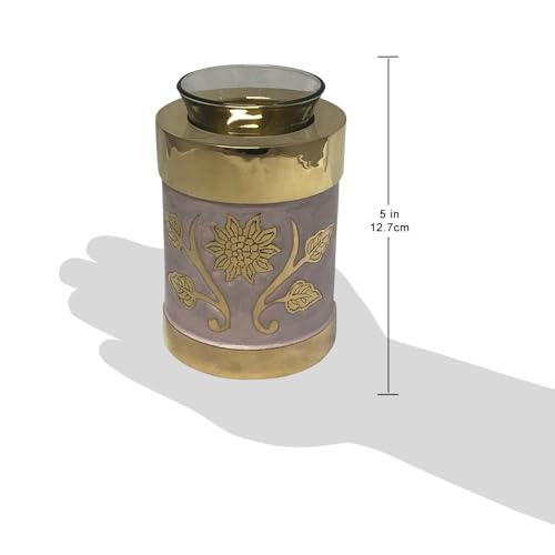 Pink Garden Brass Tealight Cremation Urn | Unique Brass Funeral Urn with Gold & Pink Enamel Details | Tealight - size: Tealight