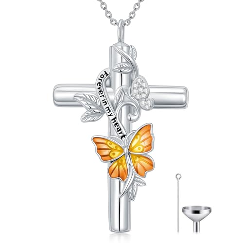 SOULMEET Enamel Butterfly Cross Urn Necklace for Ashes, Cross Moissanite Butterfly Ashes Necklaces with Forever in My Heart Engraved Keepsake Cremation Locket Jewelry for Women Men - color: B-Yellow, style: Non Custom