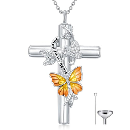 SOULMEET Enamel Butterfly Cross Urn Necklace for Ashes, Cross Moissanite Butterfly Ashes Necklaces with Forever in My Heart Engraved Keepsake Cremation Locket Jewelry for Women Men - color: B-Yellow, style: Non Custom