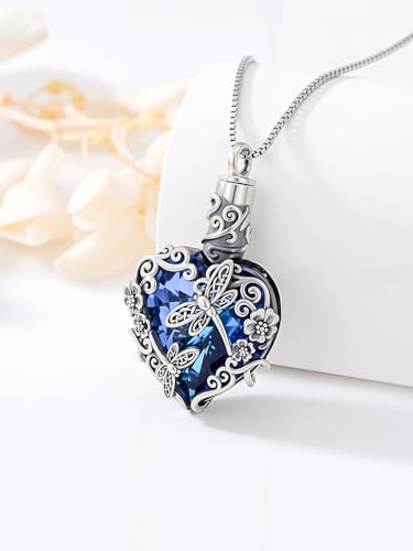 JKR Heart Urn Necklace for Ashes Crystal Keepsake Pendant Memorial Jewelry - style: Dragonfly-Blue Heart