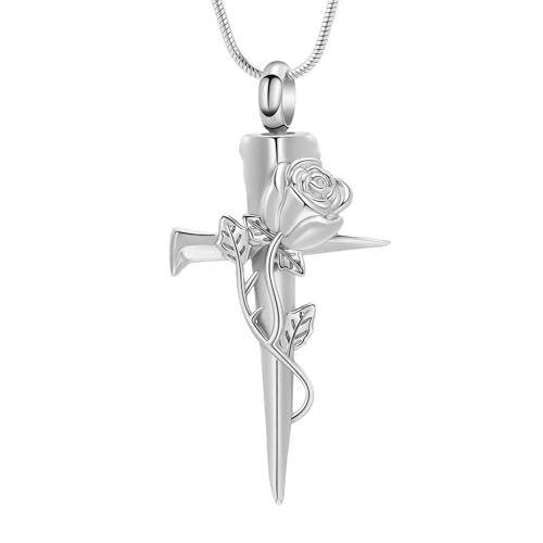 Imrsanl Cremation Jewelry Nail Cross Urn Necklace Pendant - color: Rose Flower-Silver