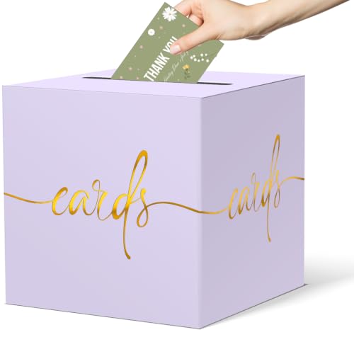 Light Purple Card Box with Gold Foil Design, Paperboard 8.7" Gift Card Holder for Wedding Graduation Birthday Party Reception Retirement Anniversary Bridal & Baby Shower - color: Light Purple Card Box with Gold Foil, size: 8.7×8.7×8.7Inch(1 Pack)