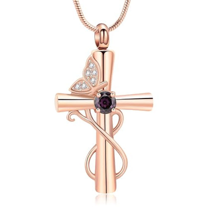 Butterfly Cross Cremation Jewelry Urn Necklaces Cross Butterfly Urn Necklaces for Ashes Memorial Keepsake Pendant for Women Men Gifts With Funnel Kit & Bag - color: Rose+Purple