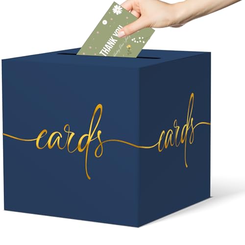 2 Pack Navy Blue Card Box with Gold Foil Design, Paperboard 8.7" Card Box for Birthday Wedding Party Graduation Retirement Anniversary Valentine's Day & Baby Showers, Raffle or Money Box - color: Navy Blue Card Box with Gold Foil, size: 8.7×8.7×8.7Inch(2