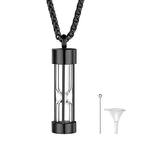 FindChic Personalized Urn Necklaces for Ashes Vertical Bar/Moon Cat/Sand Clock/Dog Claw Pendant Stainless Steel/18K Gold Plated/Black Waterproof Keepsake Cremation Jewelry with Funnel, with Gift Box - color: 3. sand clock (black)