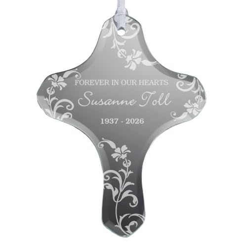 Personalization Universe in Loving Memory Memorial Cross Ornament, Etched Glass Christmas Tree Ornament with Ribbon, Personalized Christmas Ornaments for Remembering Loved Ones
